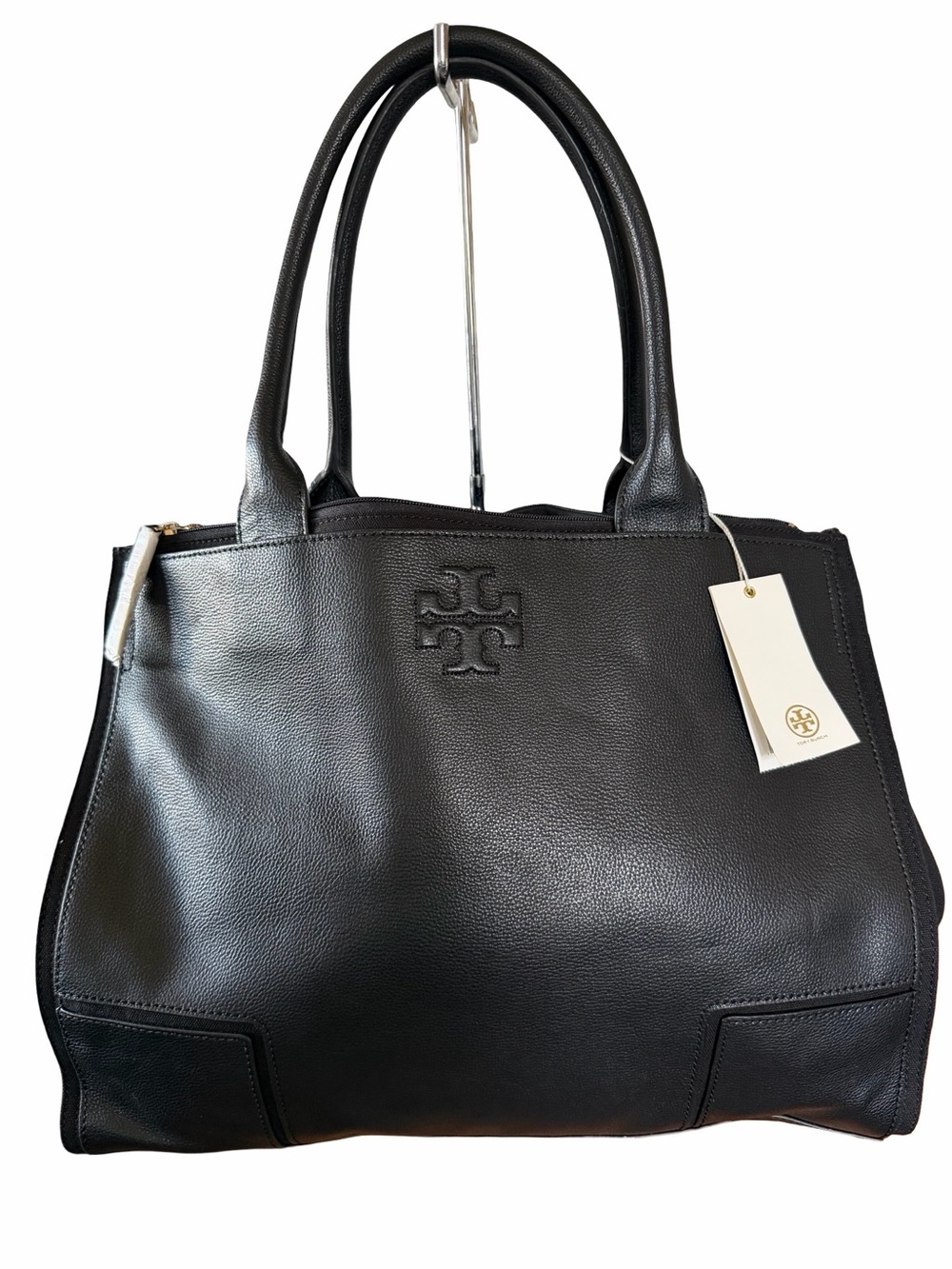 Tory Burch Black Leather Tote with Embossed Logo